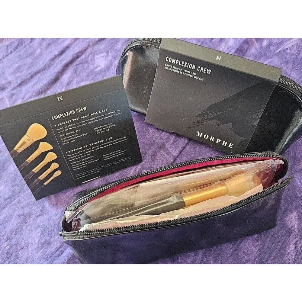 Morphe Complexion Crew 5 Piece Face Brush Collection Black Bag Set Cosmetic Tool